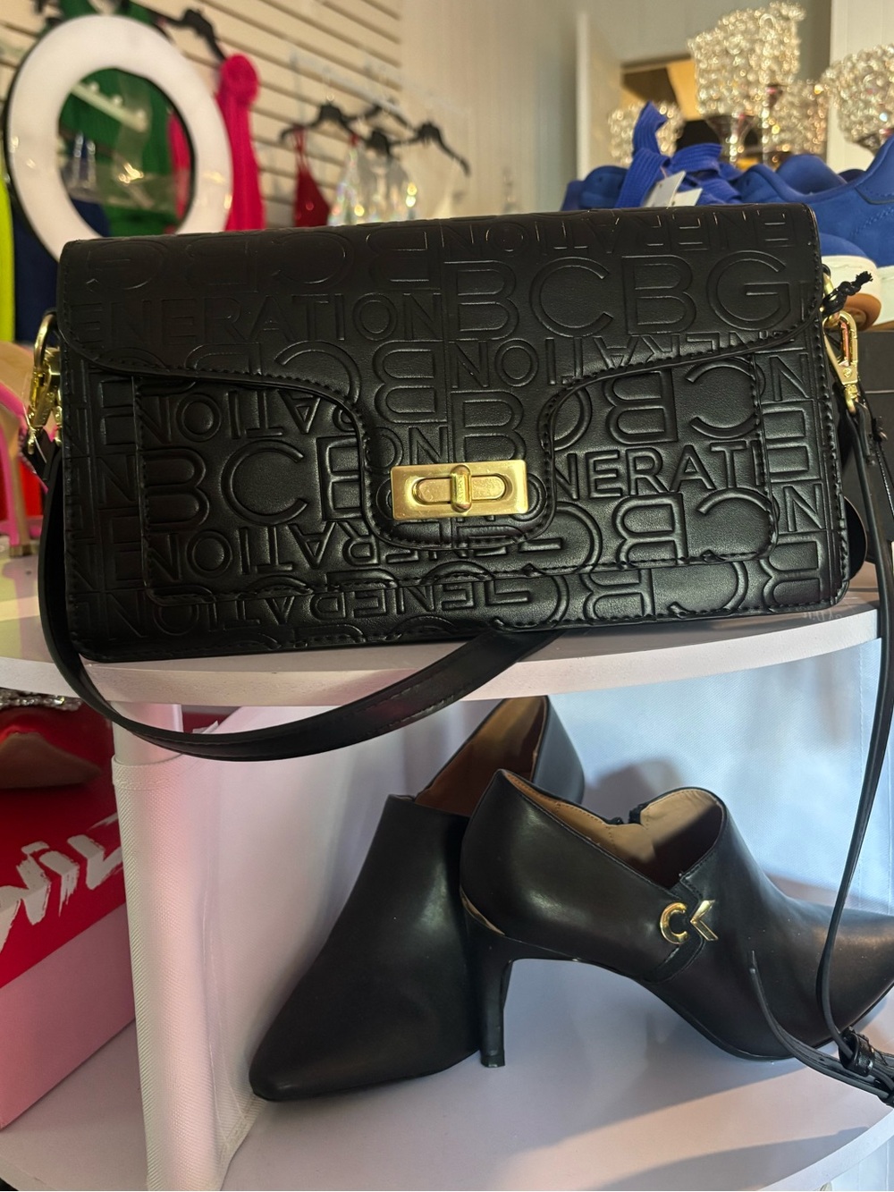 BCBG Black Embossed Logo Shoulder Bag with Gold-Tone Hardware